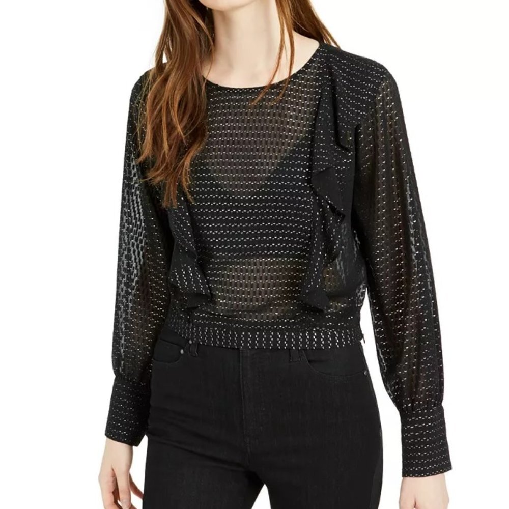Bar Iii Ruffled Metallic-Dot Blouson-Sleeve Top